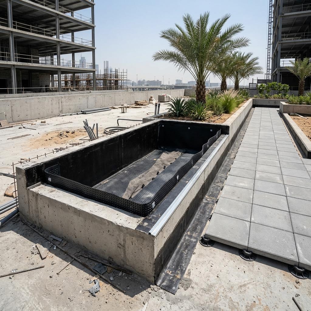 Waterproofed planter box and drainage protection on a podium deck