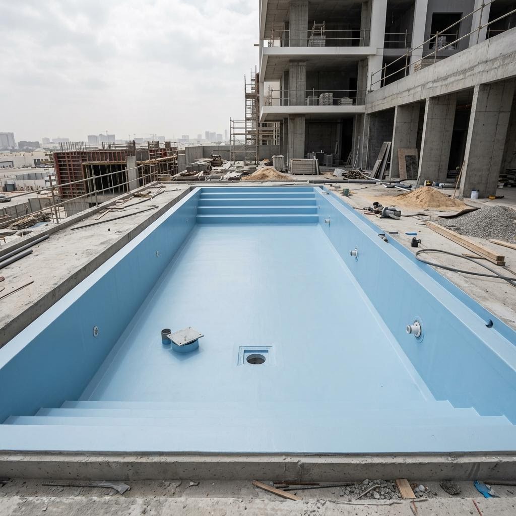 Empty swimming pool with a waterproof lining during construction