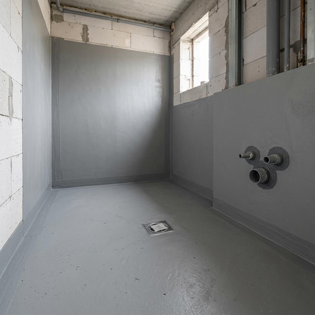 Bathroom waterproofing with treated floor, upstands, and drain