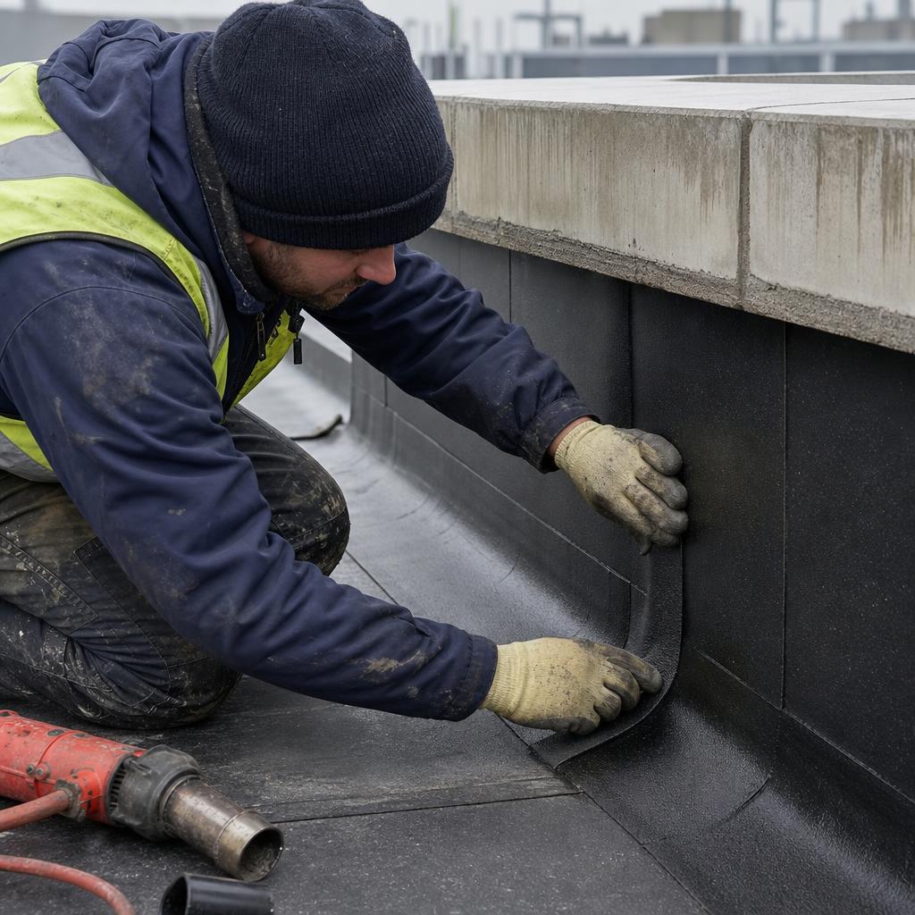 Technician applying a waterproofing membrane at a concrete roof junction
